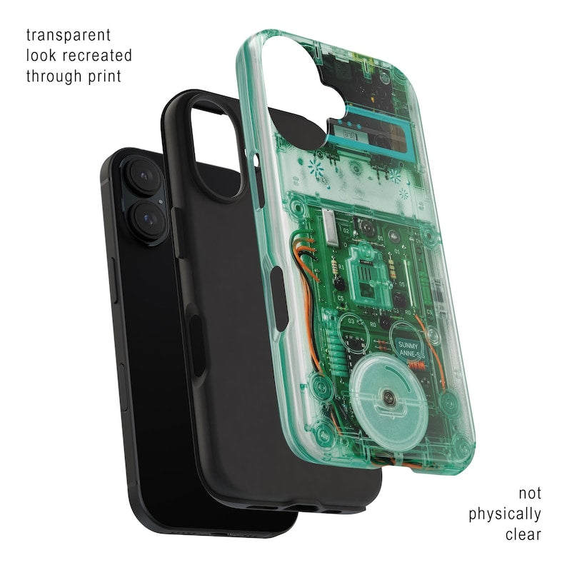 Turquoise Green Clear Effect Cassette Tape Phone Case – Retro Tech, Y2K Electronics Design