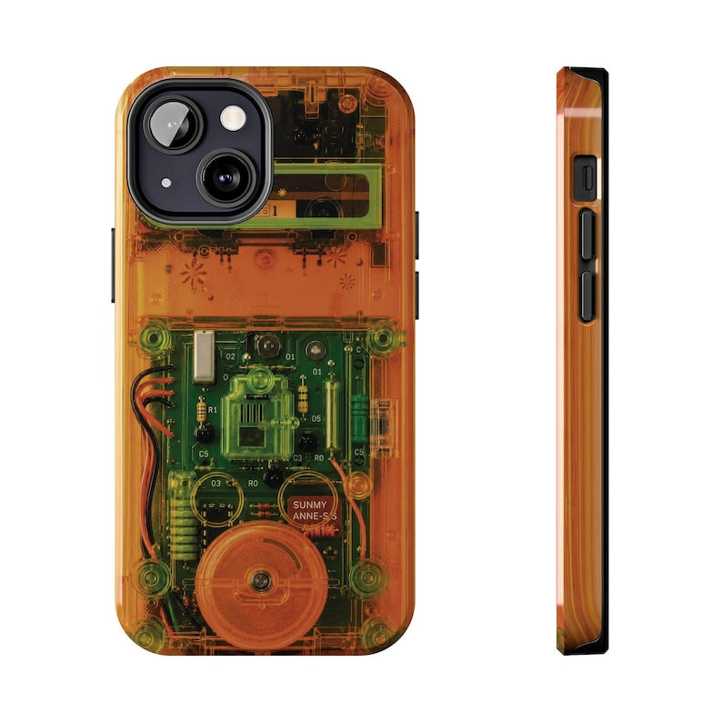 Retro Cassette Phone Case – Y2K Clear Effect Tech Orange Green Electronics