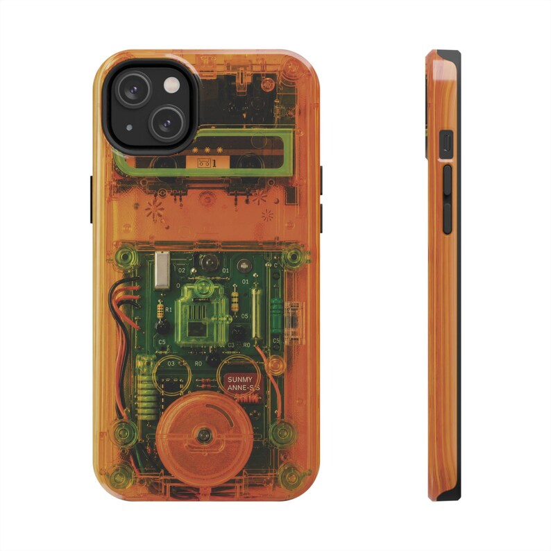 Retro Cassette Phone Case – Y2K Clear Effect Tech Orange Green Electronics