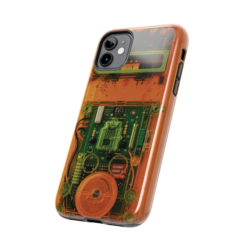 Retro Cassette Phone Case – Y2K Clear Effect Tech Orange Green Electronics