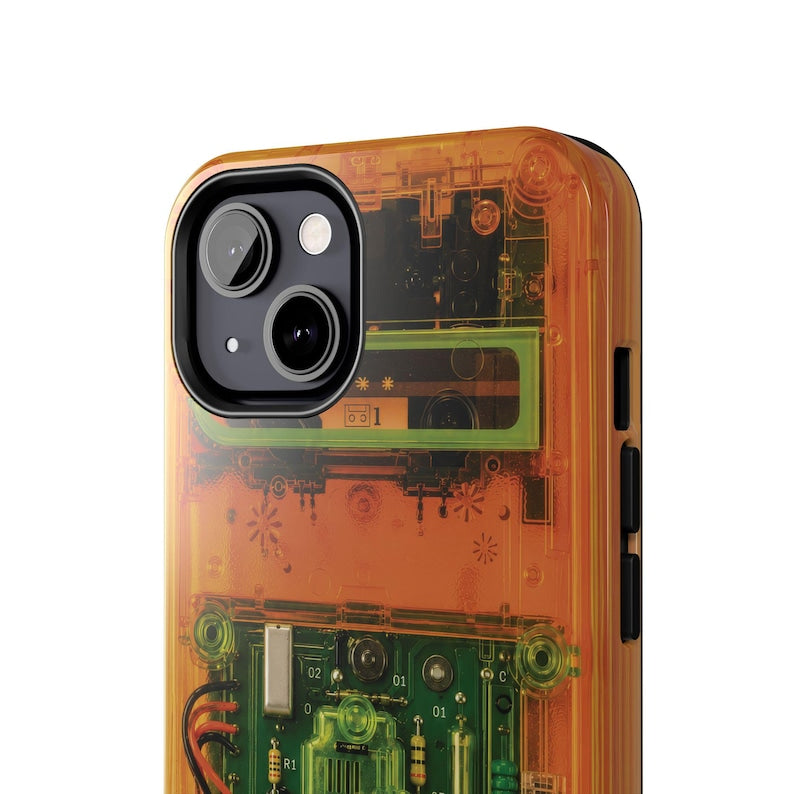 Retro Cassette Phone Case – Y2K Clear Effect Tech Orange Green Electronics